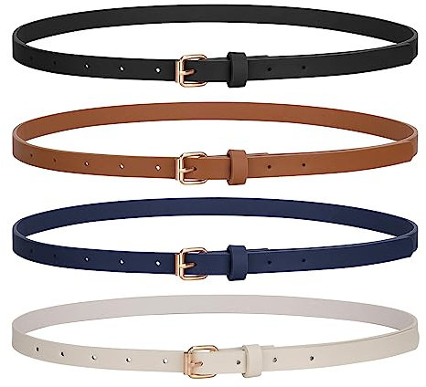 LEACOOLKEY 4 Stück Skinny Frauen Ledergürtel für Kleider Dünner Taillengürtel für Jeans Hosen mit Goldschnalle
