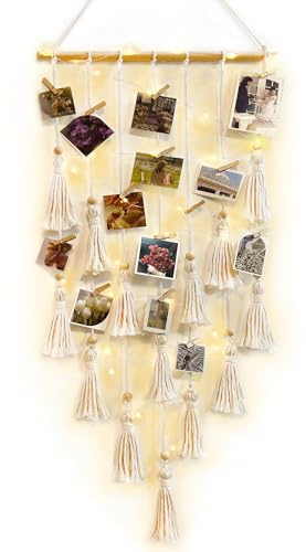 ANROYE Macrame Hanging Photo Display, Picture Holder with 30 Clips for Bedroom Wall, Polaroid Boho Gallery Hangers with LED Light String, Room Decor Gifts for 10 11 12 13 14 Year Old Teen Girl