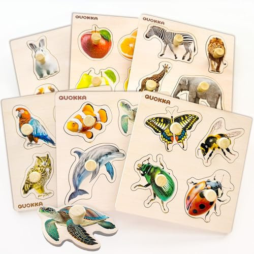 QUOKKA Steckpuzzle Holz ab 1 2 Jahre - 6 Set Spielzeug Puzzle ab 2 3 Jahre - Tiere Lernspiele für Kinder - Geschenk für Baby Mädchen and Junge