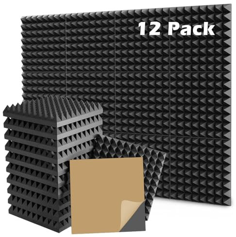 12 Stück Akustikschaumstoff, Schaumstoff Pyramiden mit Aufkleber, Schalldämmung Wand, 30 x 30 x 5 cm, Schaumstoffplatte, Schallabsorbierende Dämpfungswand für Tonstudio,Büro,Podcasts, Aufnahmestudios