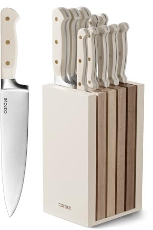 Carote Set di Coltelli da Cucina Professionali 11 Pezzi, in Acciaio Inox con Base di Legno, Premium, con ceppo,Include Coltello da Chef, da Pane, etc