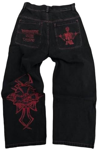 Y2k Baggy Jeans for Men Grunge Vintage Relaxed Fit Skateboard Jeans Loose Vintage Skull Embroidery Hip Hop Dance Denim Pants (UK, Alpha, M, B)