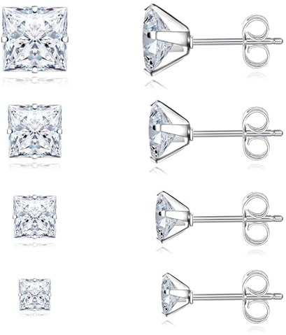 Trinckle 4 Pairs Stainless Steel Earrings, Silver Cubic Zirconia Studs Hypoallergenic Princess Cut Stud Set for Women, Square Earrings for Men Cartilage Piercing Lab-Diamond Men Jewelry Gifts