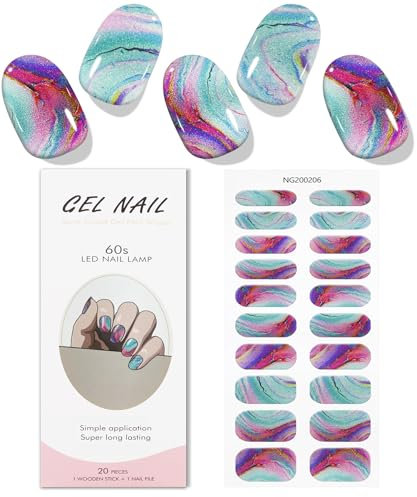 JMEOWIO Gel Nail Stickers Marble Blue Purple Semi Cured Gel Nail Strips Wraps UV/LED Nails Art Design Decoration Accessories