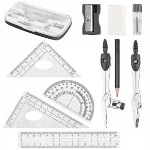 10 Stück Compass für Geometrie Math Geometry Kit, Geometriezirkel Mathematik, Geometrie Kompass Set, inkl Geodreieck, Bleimine Minen, Bleistift, Radiergummi Spitzer für Schule Mathematik (Schwarz)