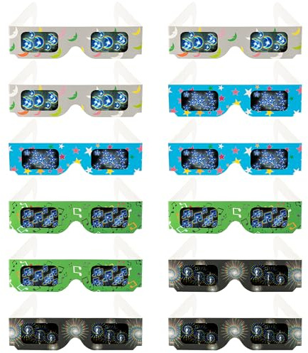 NiSotieb 12 Packs Cardboard 3D Diffraction Glasses Fireworks Glasses for Christmas Lights/Parties/Raves/Music Festivals/Light Shows/Fireworks (Moon/Music Symbol/Star/Spiral)