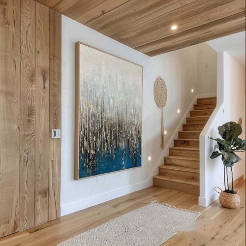UUDEZO Grande tela blu-oro con cornice dorata. Dipinto astratto dorato. Decorazione per la famiglia. 75 x 113 cm (30 x 44 pollici). Montatura dorata.
