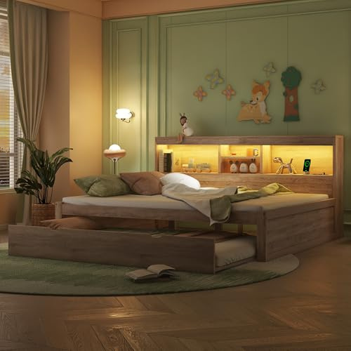 Gxffipw Kinderbett Tagesbett 140x200 cm mit 2 USB und Ladebuchsen, Schlafsofa mit Ausziehbett 90x190 und LED, Bett mit Stauraum Kopfteil, Sofabett Bettgestell mit Lattenrost, MDF, Weiß, Ohne Matratze