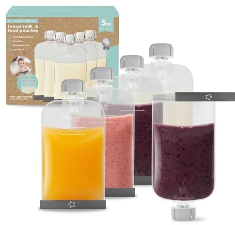 Cherub Baby Silicone Breast Milk Storage Bags & Reusable Yoghurt Pouches (6oz, 5 Pack) | Leakproof Food Pouches for Baby & Toddler | Freezer Safe, BPA Free, Secure Sliders & Wide Opening