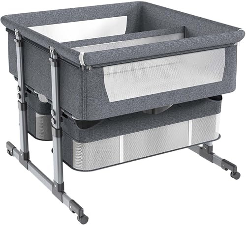 Beistellbett Baby Zwillinge,Convertible Babybett für Co-Sleeping,Babys Reisebett Mit Matratze, 6 Höhenverstellbar Stubenwagen Baby mit Rollen,Faltbar Kinderbett von 1 bis 36 Monaten (Dunkelgrau)