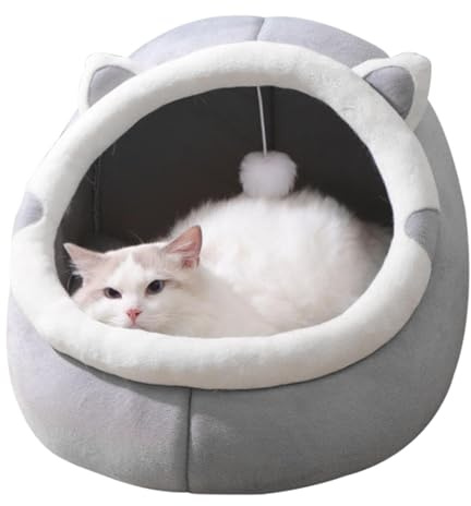 TQEBWUS Lit Nid pour Chat avec Jouet Suspendu, 30×30×31cm Lits pour Panier Chats Intérieur, Semi-fermé Niche Douillette avec Oreille De Chats Coussin De Nid Amovible pour Chat Panier