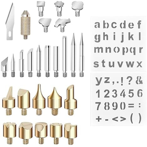 Dioche Puntas de Pirograbado para Soldar Kit de Pirograbado para Quemar Madera - 26 Puntas de de Cobre con Plantillas para Manualidades en Madera y Cuero - Herramientas de Soldadura Premium para