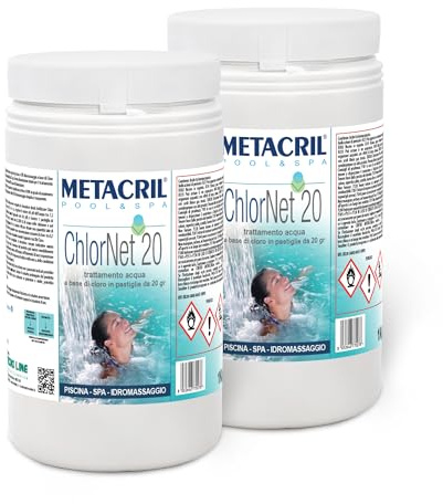 Metacril Chlor Net 20 1Kg. X 2 - Tricycle in 20 g tablets. slow dissolution Ideal for swimming pool or hydromassage (Teuco, Jacuzzi, Dimhora, Intex, Bestway, ECC.) Immediate shipping