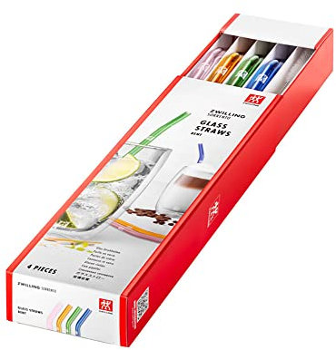 ZWILLING Sorrento - Cannucce in vetro borosilicato riutilizzabili e sostenibili per bevande fredde e calde, 4 pezzi, lunghezza 23 cm, forma curva, colore: Multicolore, incl. spazzola per la pulizia