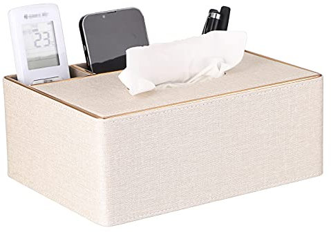 BTSKY Linen Household Office Rectangular Tissue Box with Remote Control Storage Box with Gold Line - Stylish Home Napkin Holder Desktop Tissue Paper Holder Desk Storage Organizer (Beige)
