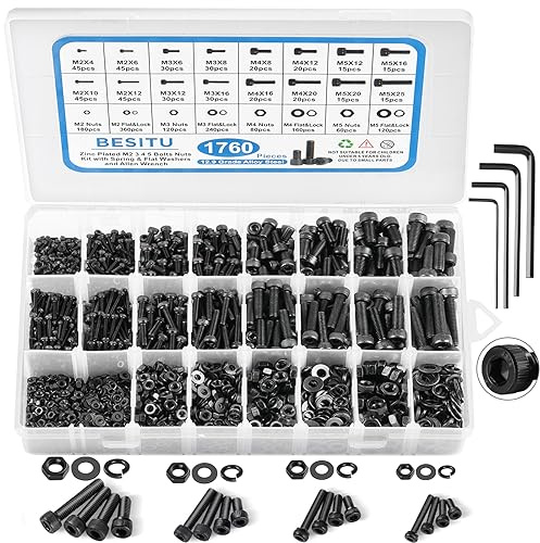 Besitu 1760pcs M2 M3 M4 M5 Metric Screw Assortment, Grade 12.9 Alloy Steel Hex Socket Head Cap Bolts and Nuts Kit, Black Zinc Plated and Anti Rust Screw Set with 4 pcs Hex Wrenches
