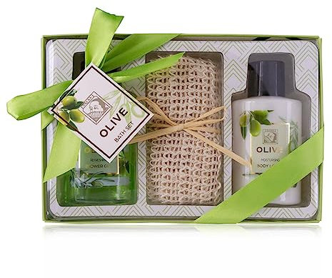 Accentra - Set doccia da donna, in bella confezione regalo – Set di 3 pezzi con gel doccia, lozione per il corpo e asciugamano in sisal – Set regalo per compleanno, San Valentino