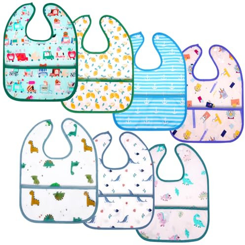 Aolso Lätzchen Baby Wasserdicht, 7Pcs Baby Lätzchen, Abwaschbar asserdicht Baby Lätzchen, Baby-Bandana-Lätzchen, Mit großen Taschen, Babynahrungslätzchen für Kleinkinder (Junge)