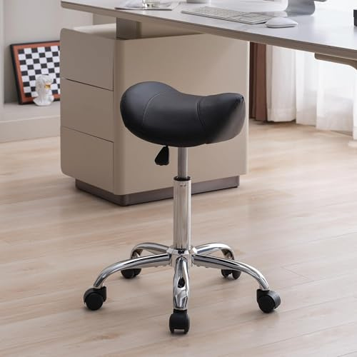 FIRAVOE Saddle Stool, Swivel Saddle Stools with Wheels, Adjustable Rolling Stool 18-26, Faux Leather Rolling Saddle Stool for Salon, Massage, Clinic, Lab, Office (Black, 1PCS (18-26))