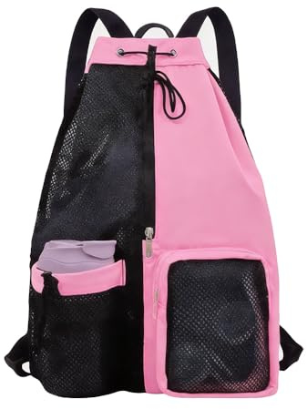 GZSYWZ Swimming Bag Mesh Drawstring Rucksack Pink Sports Bag Waterproof with Wet and Dry Compartments Adjustable Straps Swimming Fitness Workout Essentials for Men and Women