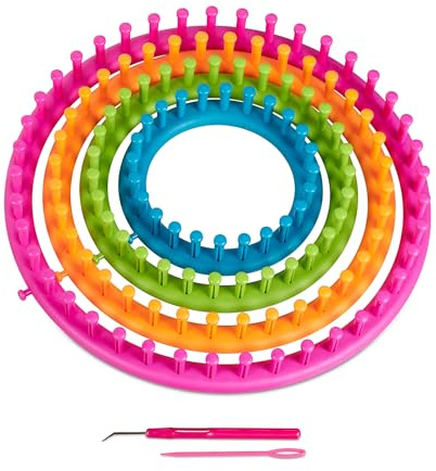 Relaxdays Kit Tejer, Set 4 Telares Circulares, Niños y Principiantes, Ø 28cm, 24cm, 19cm, 14cm, con Agujas, Multicolor