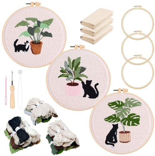 Allazone 3 Pz Punch Needle Kit Ricamo Starter Kit, Kit Completo per Ricamo con Piante e Gatti Motivo e Lstruzioni, Set da Ricamo per Principianti e Adulti
