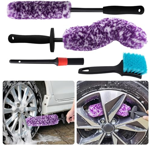 KLeXiC 4 Pack Wheel Tire Cleaning Brush Kit Cars Motorcycles RVs Trucks Rim Hub Ultra Soft Microfiber No Spatter 360 Bendable Synthetic Woolies Wash Vehicles Bristle Set