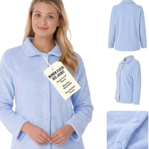 Style Smart Fleece Jacket Women UK – Soft Coral Fleece Bed Jackets for Women with Button Front, Warm Ladies Bed Jacket & Pyjama Top for Lounging, Nightwear and Home Comfort Size 8-26 (Blue,12-14)