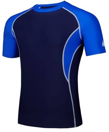 AMZSPORT Herren Rash Guard tröja, UPF 50+ UV Schutz Kurzarm T-shirt, Schnelltrocknendes Sonnenschutz väst för schwimmen, surfing, ängel, lafen, 112050-marinblå, XXL
