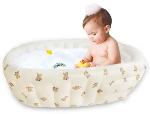 EKEPE Aufblasbare Baby-Badewanne,Mit Eingebauter Luftpumpe-Baby Planschbecken, Rutschfestes Tragbar & Faltbare Badewanne für Dusche Kinder von 0-3 Jahren - Bär