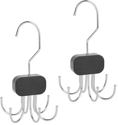 2pcs Belt Hanger for Wardrobe Closet, 360°Rotatable Belt Organizer Holder with 6 Hooks Each Space-Saving Tie Rack Metal & Wood Bra Storage for Tank Top Scarf Hat Purse (Black)