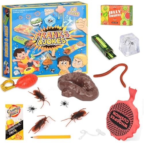 14Pcs Prank Kit, Funny Joke Toys Set with Whoopee Cushion, Fake Poo & Bugs | Novelty Gag Practical Joke Gifts for Kids Adults Party Favors