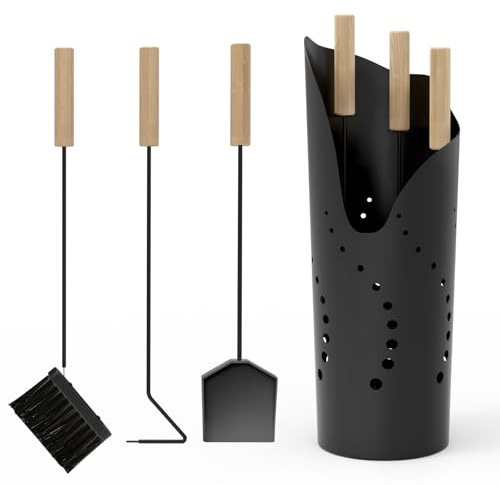 tonhui Kit Utensilios Chimenea 4 Piezas, Juego de Accesorios para Chimenea, Herramientas Chimenea de Hierro Forjado para Interior/Exterior, Atizador, Pala, Escoba y Soporte, Negro
