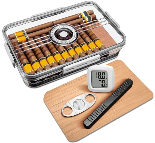Cigar Humidor Acrylic Box Portable with Cigar Accessories Kit, Hygrometer, Humidifier, Cigar Cutter &Cedar Wood Slice, Clear Cigar Airtight Desktop Storage Case, Can Hold About 20-30 Cigars(Small)