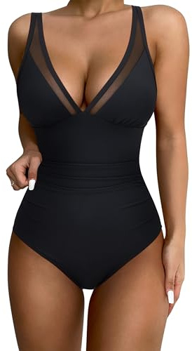 DOULAFASS Women Slimming Tummy Control Swimming Costume Backless Shape Swimsuit V Neck Mesh Sexy One Piece Swimwear Black