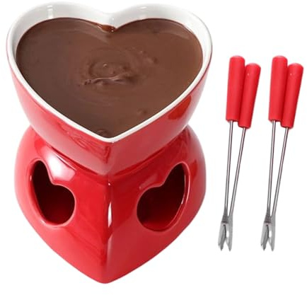 Wezalget Tasse À Fondue Au Chocolat avec Fourchette, Service À Fondue au Chocolat en Porcelaine Rouge en Forme de Cœur, Tasse Chauffante pour Fromage Beurre Bonbons Caramel