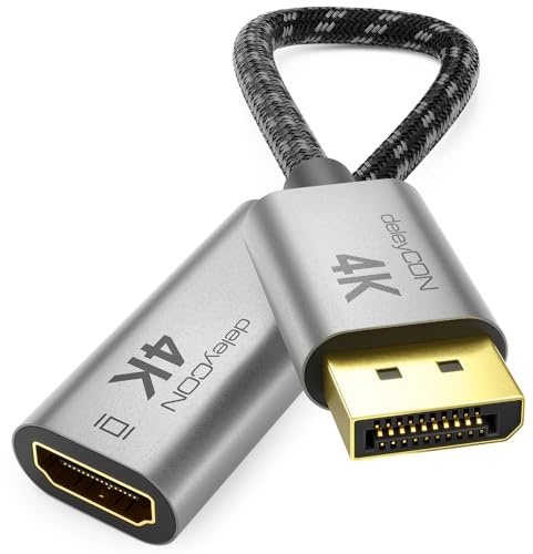 deleyCON 4K Adattatore DisplayPort Maschio a HDMI Femmina (Per Monitor, TV e Proiettori HDMI) - 4K@60Hz - Connettore in Alluminio con Cavo in Nylon - per Computer, PC e Schede Grafiche con Porta DP