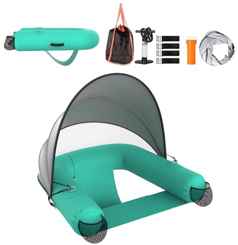 MEIGESI Adult Inflatable Pool Floats Chair with UPF50+ & Vented Canopy, 2 Drink Holders, Deepened Seat, Adjustable Sun Shade, Inflatable Lounger Float for Swimming Pool/Beach/Lake/Party | Green