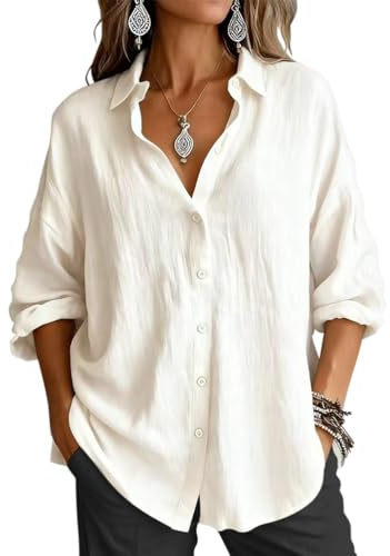 Onsoyours Camicia Estiva Donna Blusa Lino Elegante Manica Lunga con Scollo a V Button Down Camicetta Tinta Unita Classico Top A Bianco L