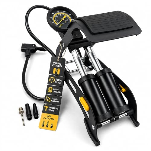 Cykelpump alla ventiler, fotpump, luftpump, cykel, bil, motorcykel, | Manometer, dubbelcylinder, upp till 11 bar Dunlop, Schrader, Presta, E-cykel pump, bil, motorcykel och boll, inkl. 3 adaptrar
