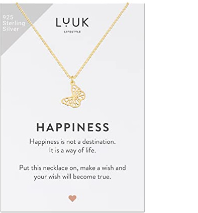 LUUK LIFESTYLE Halsband i 925 Sterling Silver med fjärilhänge och ett inspirerande HAPPINESS-kort, lyckoamulett, vänskapsgåva, damsmycken, guld