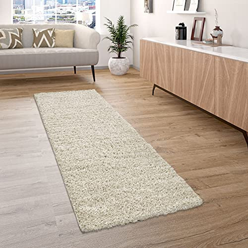 Paco Home Hochflor Teppich Wohnzimmer Shaggy Langflor Modern Einfarbig Ohne Muster, Grösse:70x250 cm, Farbe:Creme