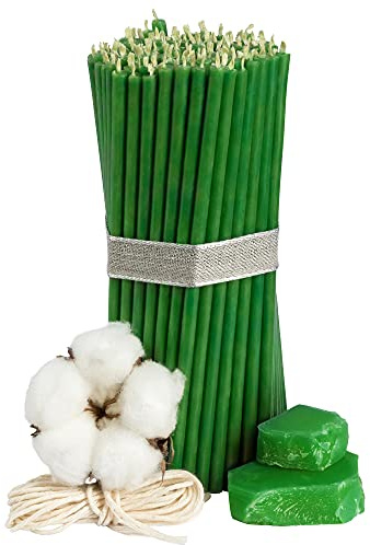 Diveevo 100 velas verdes finas de iglesia de cera de abeja, calidad prémium, teñidas de 160 mm de largo, 5 mm de diámetro, duración de combustión: 30 min