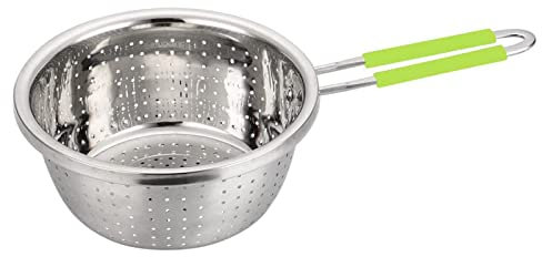 Passoire perforée en acier inoxydable avec long manche vert - Tamis à utiliser pour la cuisine, les pâtes, les nouilles, les spaghetti, les légumes - Argenté - 20,1 cm