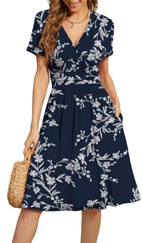 WEACZZY Women Summer Casual Short Sleeve Dresses Empire Waist Dress with Pockets,Floral White Navy,XL
