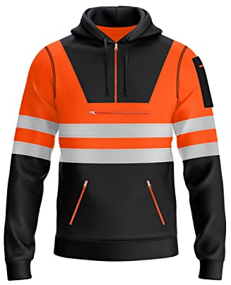 mymixtrendz Hi Vis Mens Pullover Hoodie Reflective Tape Safety Work Multi Zipped Pockets Drawstring High Viz High Visibility Hoodie Sweatshirt