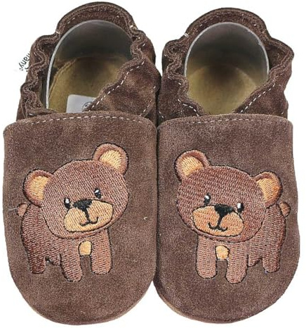 HOBEA-Germany Krabbelschuhe für Jungs und Mädchen in verschiedenen Designs, Kinderhausschuhe Jungen, Lederschuhe, Schuhgröße: 18/19, Modell Schuhe: Bär Dunkelbraun