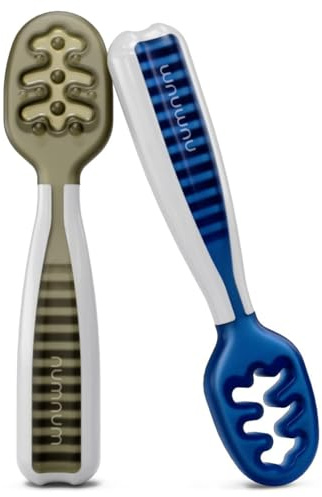 NumNum GOOtensil Cucharas Bebé Aprendizaje - Precucharas de Silicona Bebé 6+ Meses - Autoalimentación BLW Cubiertos Bebé - Baby Led Weaning - Libre de BPA - 2 Cucharas (Oliva/Azul Marino)
