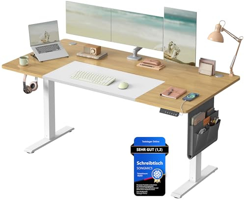 SONGMICS Escritorio Eléctrico, Regulable en Altura, 160 x 70 cm, Regulación Continua, 4 Alturas de Memoria, Puerto USB-C, Roble Natural y Blanco Mate LSD026N01