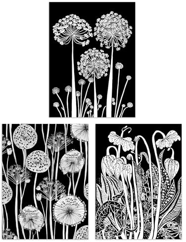Artery8 Set of 3 Elegant Allium and Arisaema Flowers Artwork Paintings White on Black Unframed Wall Art Living Room Poster Prints Pack